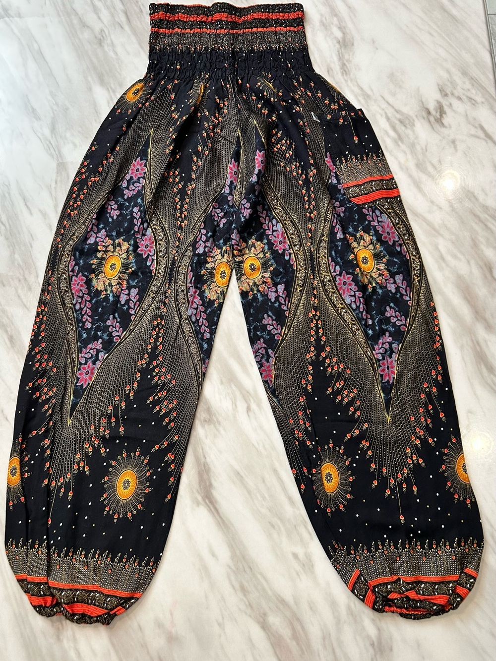 Boho Floral Smocked Waist Harem Pants — Black with Floral Print